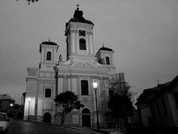 black and white photo of a church building