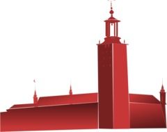 red silhouette of a building on a white background