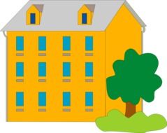 Drawing of a three-storey yellow house with windows