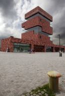 futuristic building of mas museum at clouds, belgium, antwerp