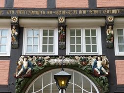 fachwerkhaus with medieval carvings on the facade