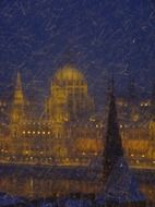 parliament buildings in hungary during snow