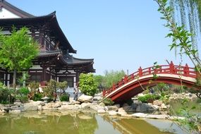 river bridge china building lake