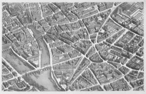 Black and white perspective of Paris, 1739