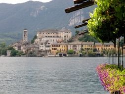 architecture of the buildings located on the shoreline of San Giulio, Italy