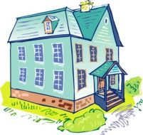 drawing of a house with blue walls on green grass