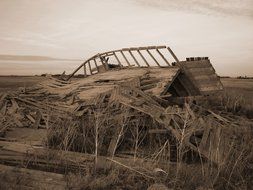 Destroyed houses after a tornado on a farm