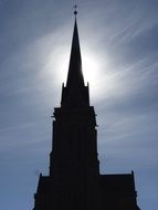 dark spire of the cathedral against the gray sky in San Carlos de Bariloche