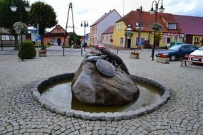 Monument among the buildings in village, Poland