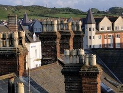 panorama of chimneys on the roofs of houses in England