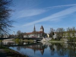 goose tower and bridge across danube river, germany, ulm