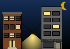 drawing of city houses at night
