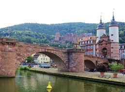 red brick bridge over the river Neckar in Heidelberg