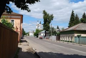 church on street in small town, russia