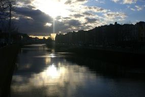 reflection of sunset on calm water