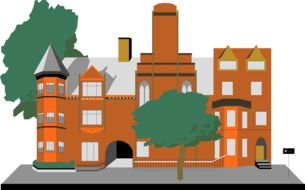 drawing of a house with brown walls near green trees