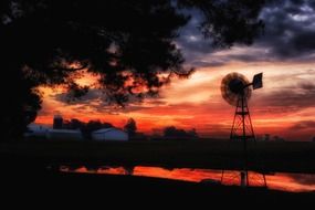 red sunset over the farm