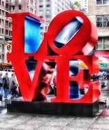 red word "love" as a sculpture on a street in new york