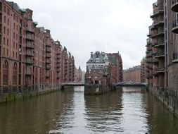 water canal among the brick houses of the old town in hamburg