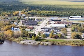 aerial view of small town at river, canada, moosonee