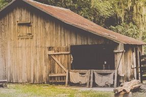 old wooden barn on meadow in countryside at summer