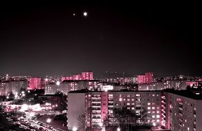 night lights in city, grey and pink cityscape, austria, vienna