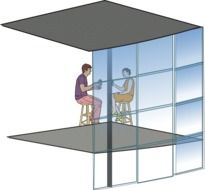 drawn people sit in a glass building