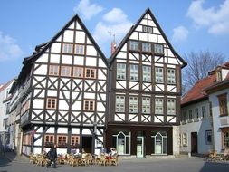 open air cafe at traditional framed buildings in Germany, erfurt