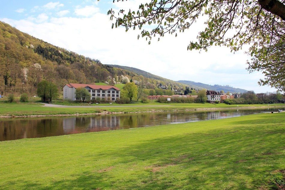 beautiful landscape river weser uplands green grass