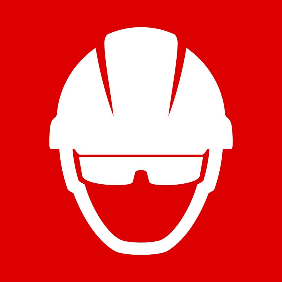 red sign with the image of a worker in a helmet