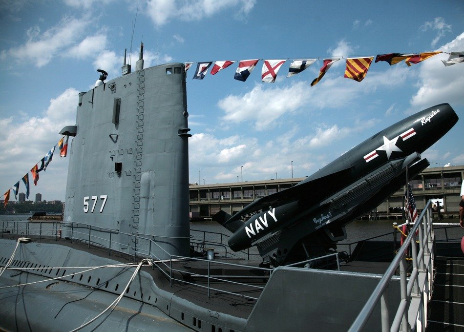 submarine navy decorated with flags