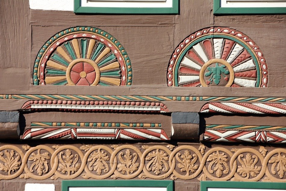 colored patterns on the facade of the building