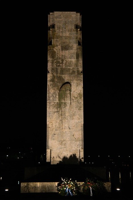 wreaths at the foot of war memorial tower in new ulm