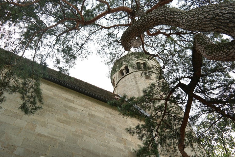 View of the wall and the tower of the Monastery of the Lorchs