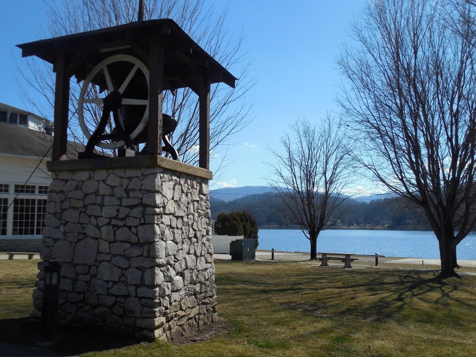 bell in a small tower on the shore of lake Junaluska