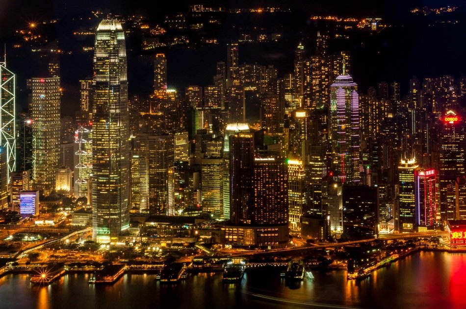 colorful bright illuminated night city, china, hong kong