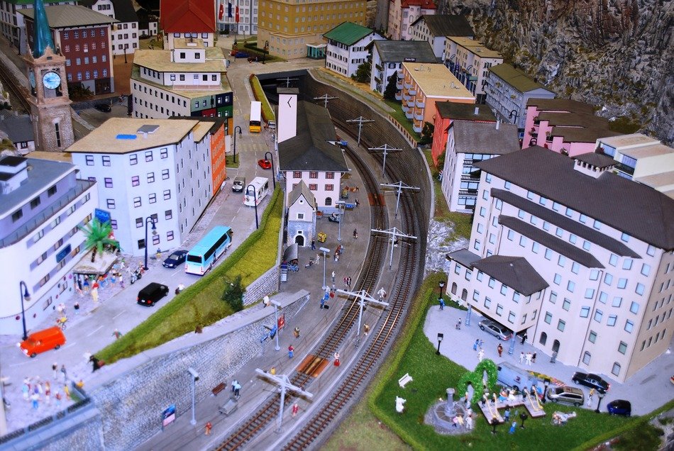 model railway among the colorful buildings
