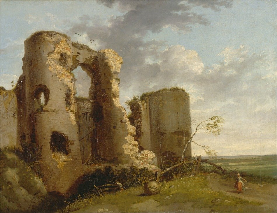 landscape of abandoned castle and woman in contryside