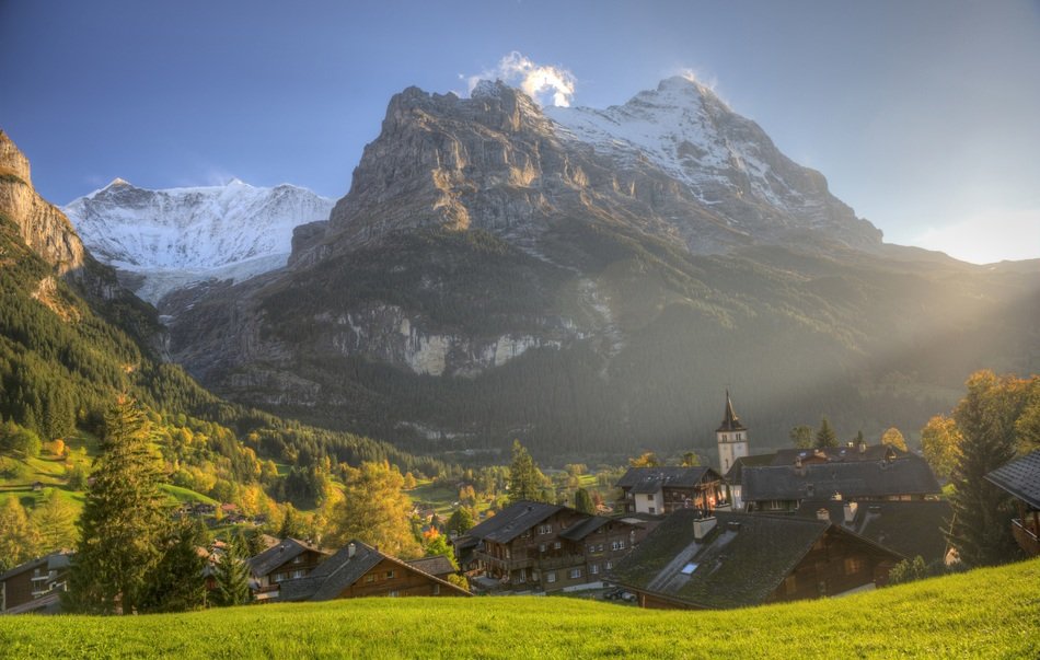 remote view of the Eiger mountain peak on a sunny day