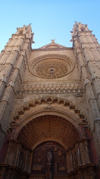 view of the entrance to the Palma Cathedral or St. Mary’s Cathedral