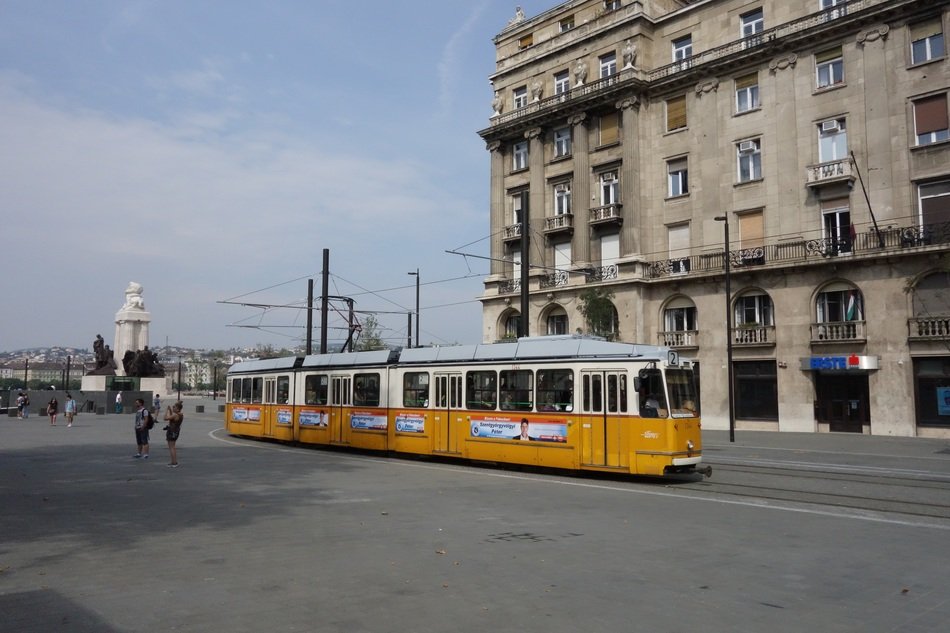 yellow trolly on the street of budapest