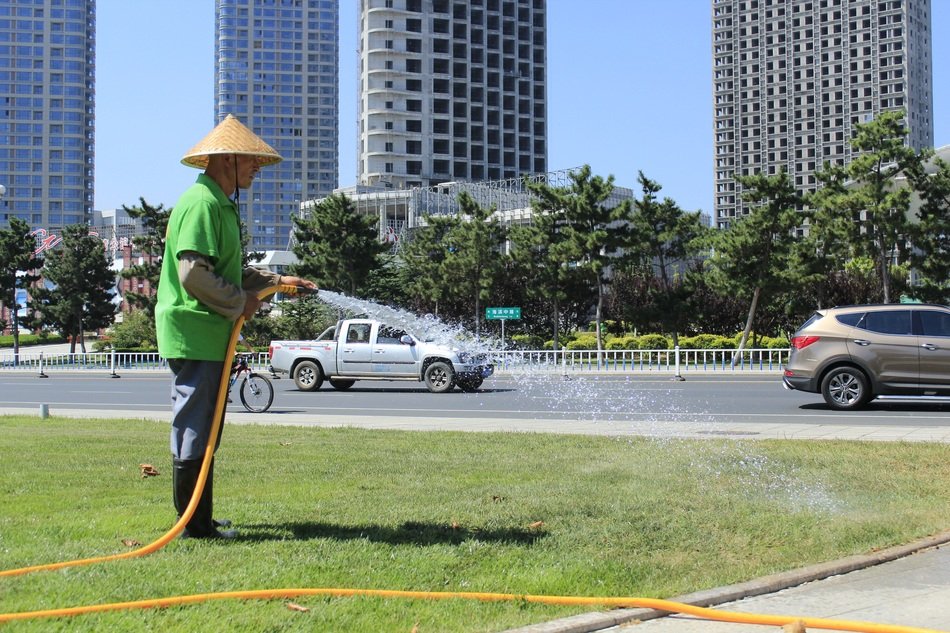 man watering grass in the big city