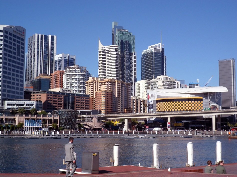 view of skyscrapers in sydney near the lake