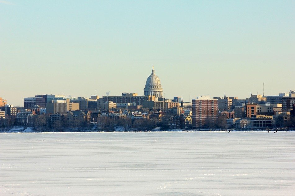 skyline of the Madison Isthmus and frozen Lake Mendotausa, usa, wisconsin, madison