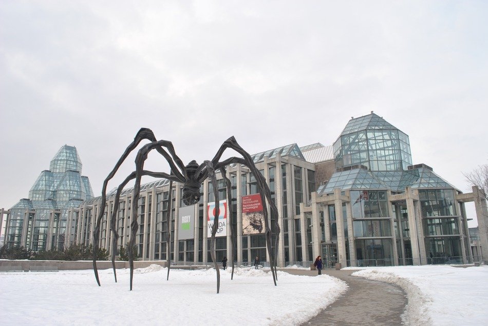 Spider Monument among snow in Ottawa, Canada in winter