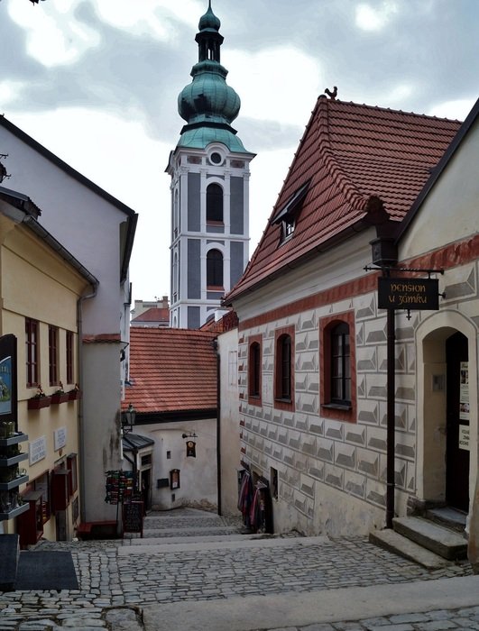 panorama of cobbled street in Cesky Krumlov