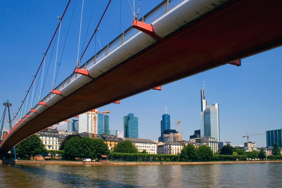 cityscape of Frankfurt am Main on the background of the bridge