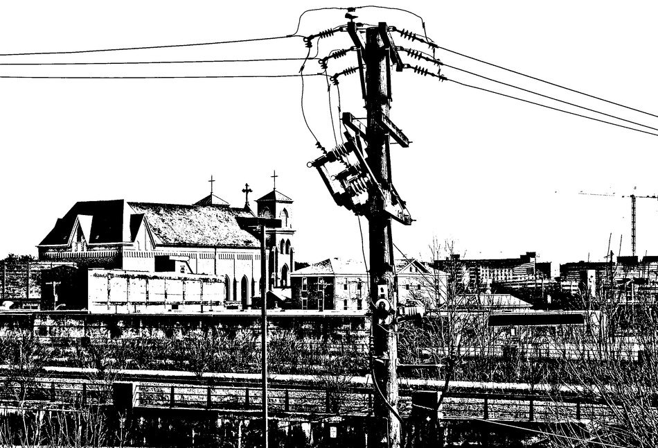 electric wires on pole in front of church, usa, ohio, dayton