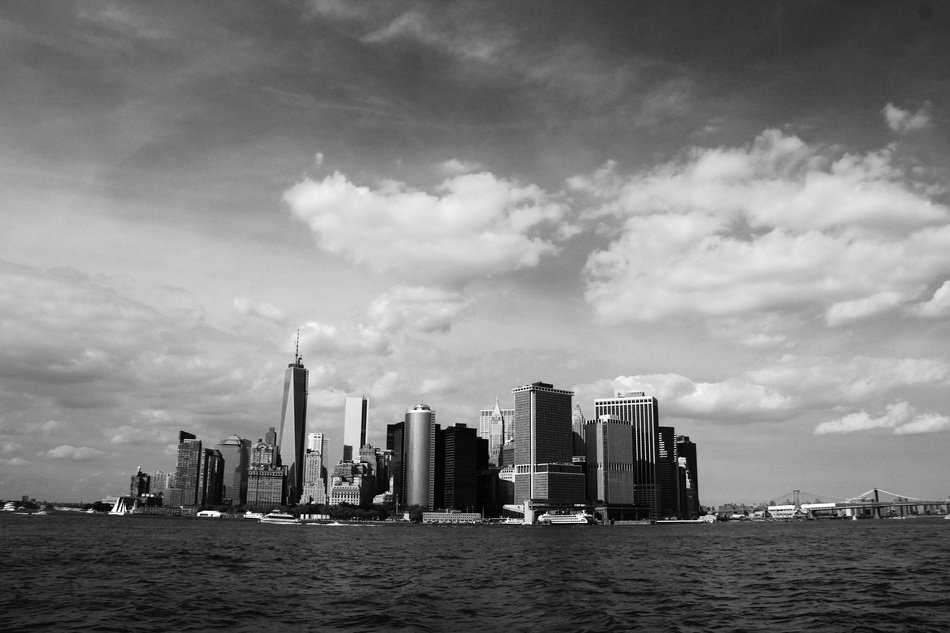 black and white photo of a Manhattan view from the water