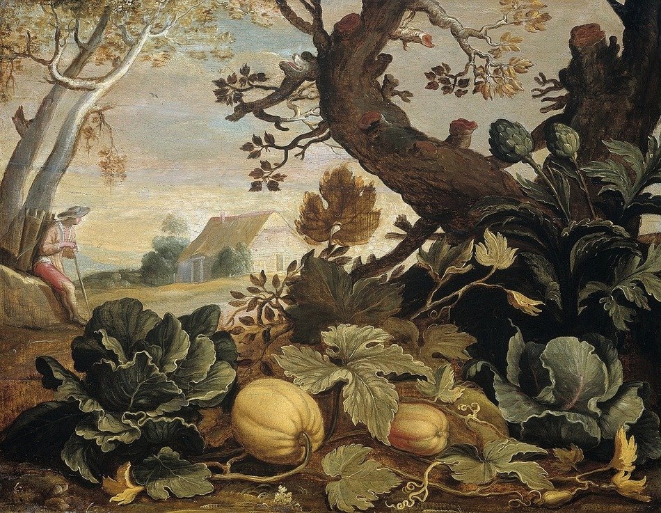 harvest of pumpkins in the countryside, artist Abraham Bloemaert